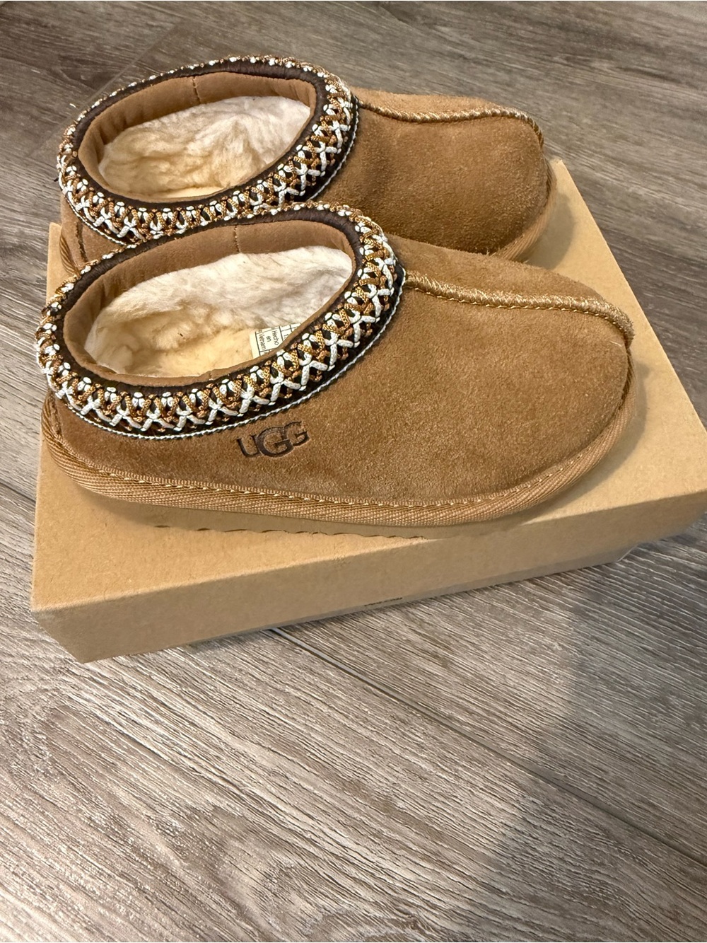 UGG Kids Chestnut Brown Suede Shearling Clog Slippers with Embroidered Trim